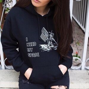 Borderline Store “I NEED MY SPACE” Astronaut Black Graphic Hoodie Sweater Size S